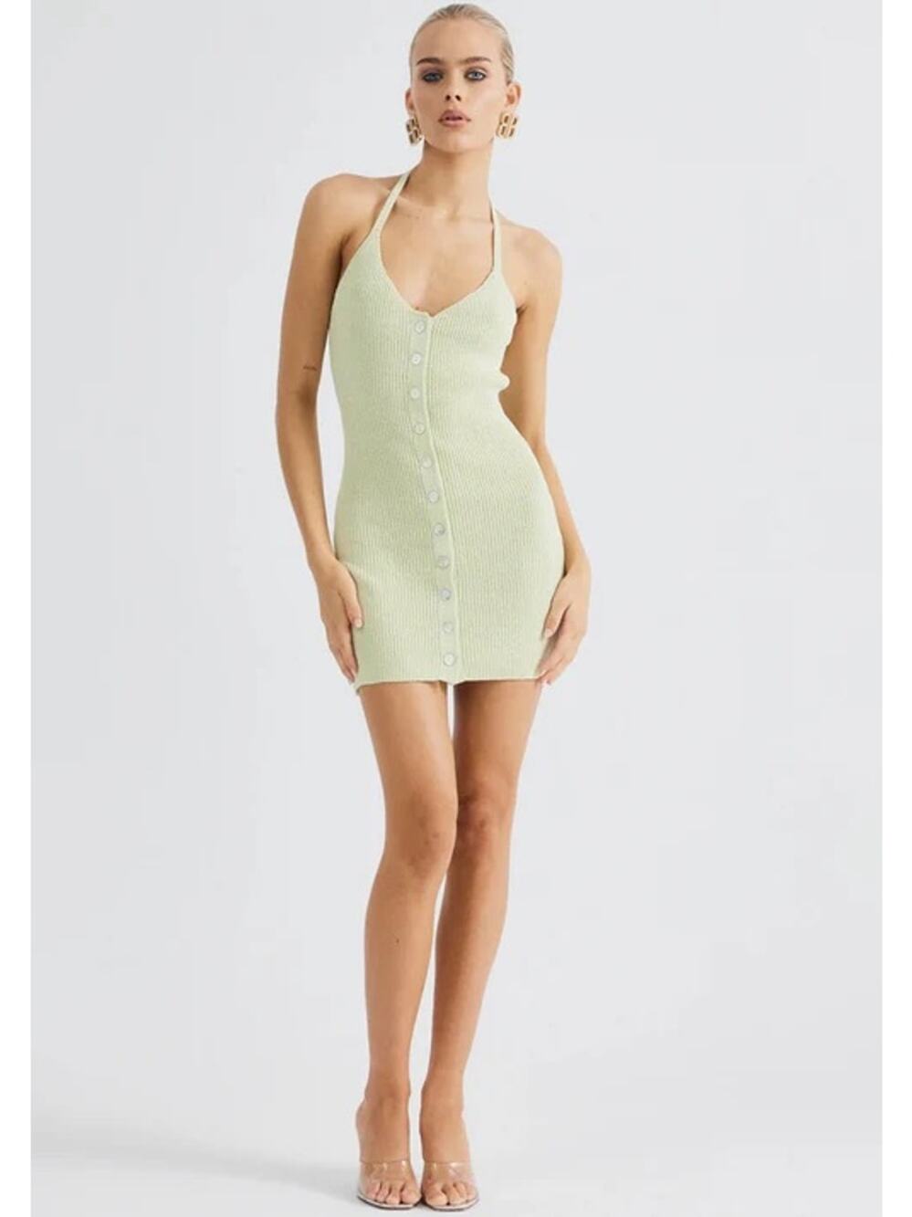 NWT Sndys Halter Mini Dress XL Sage Green Knit Button Front Bodycon